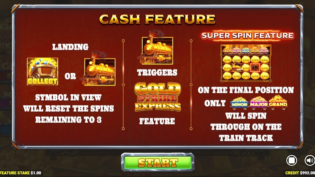 Tampilan layar permainan slot Gold Strike Express dengan tema tambang emas dan rel kereta.