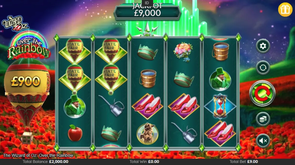 Tampilan visual slot The Wizard of Oz: Over the Rainbow dengan elemen pelangi dan karakter ikonik.